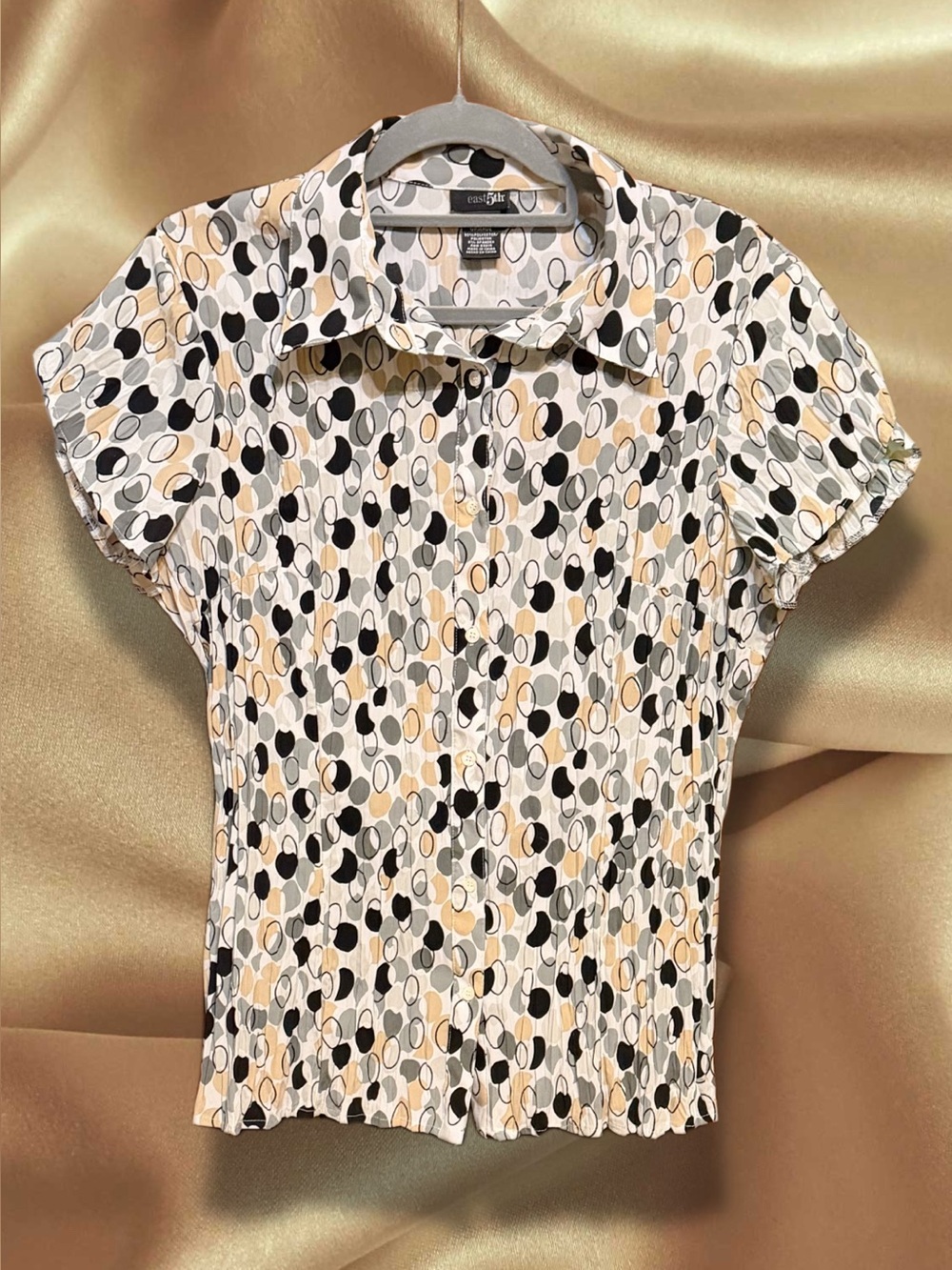 East 5th Short Sleeve Button-Front Top in Black, White, Beige & Cream Dot Print